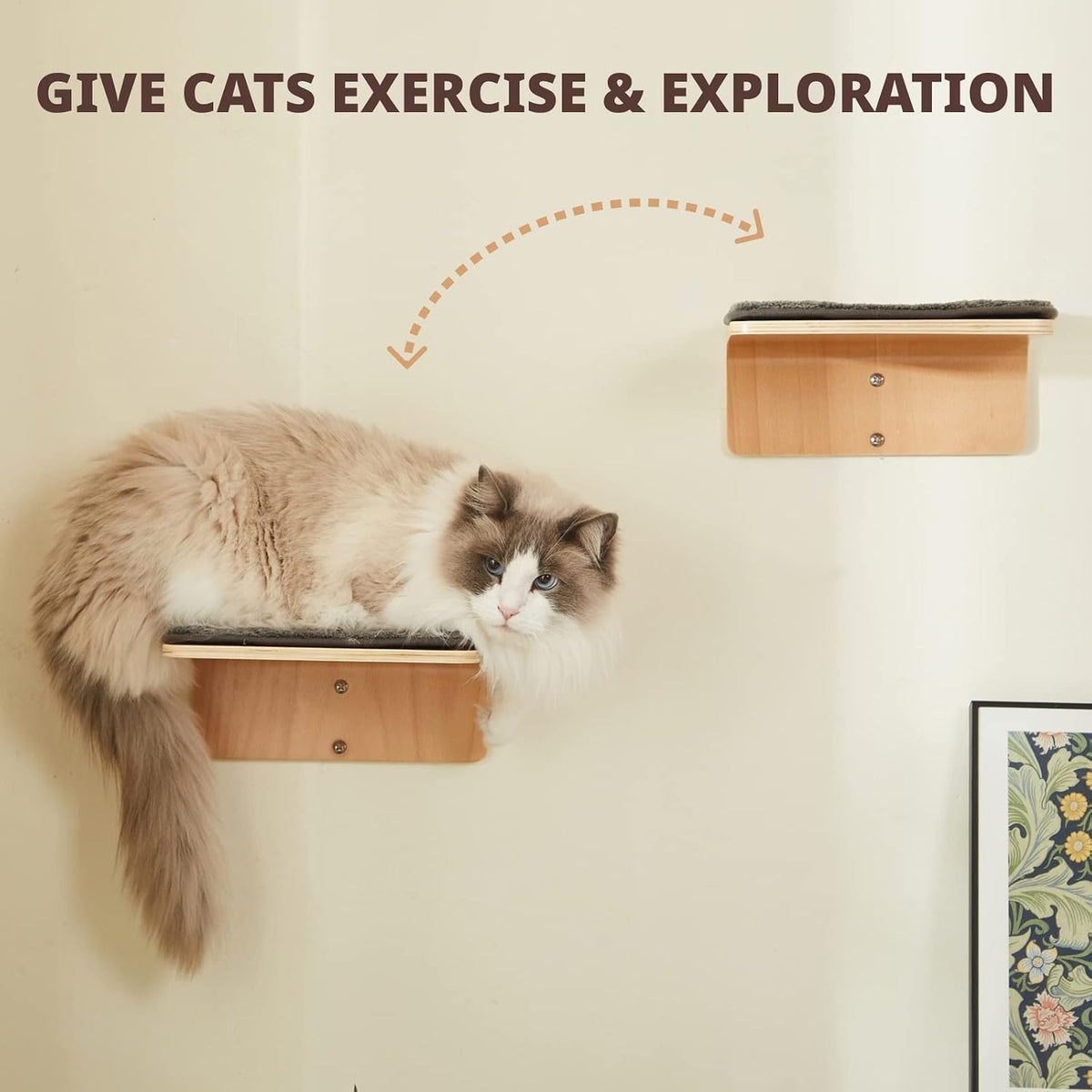 2 Set Cat Wall Steps - Wooden Cat Climbing Shelf for Wall - Cats Wall Stairs with Scratching Mat - Wall Mounted Cats Fur