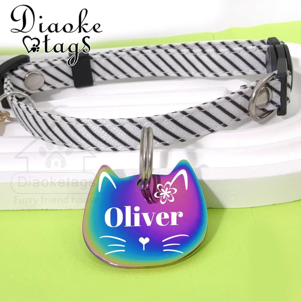 Personalized Cat Head ID Tag, Stainless Steel Engraved Pet Name Tag