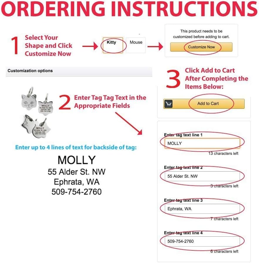 GoTags Cat ID Tag, Personalized Cat Shape Pet ID Tag in Stainless Steel, Includes up to 4 Lines of Custom Engraved Text 