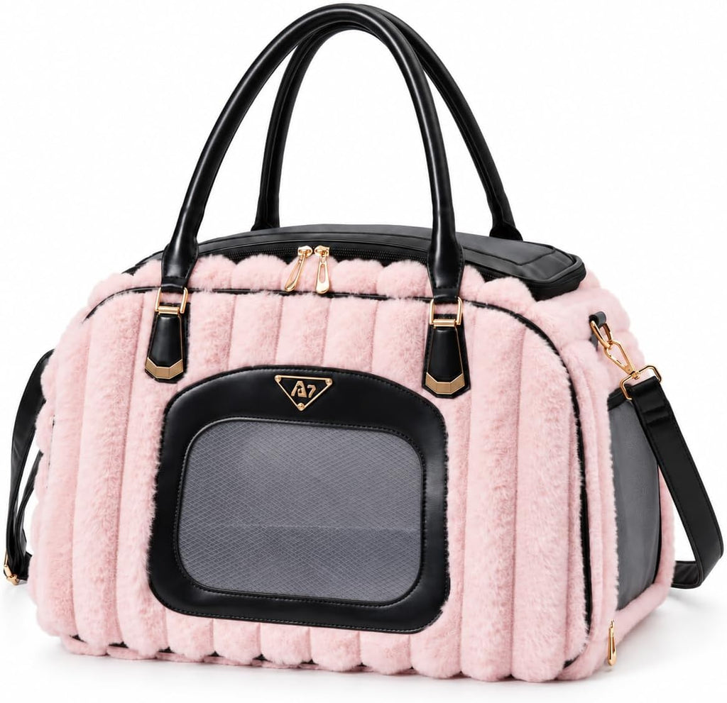 Soft-Sided Pet Carrier for Small Dogs and Cats, Plush Striped Travel Tote with Mesh Windows, Interior Tether, Removable 