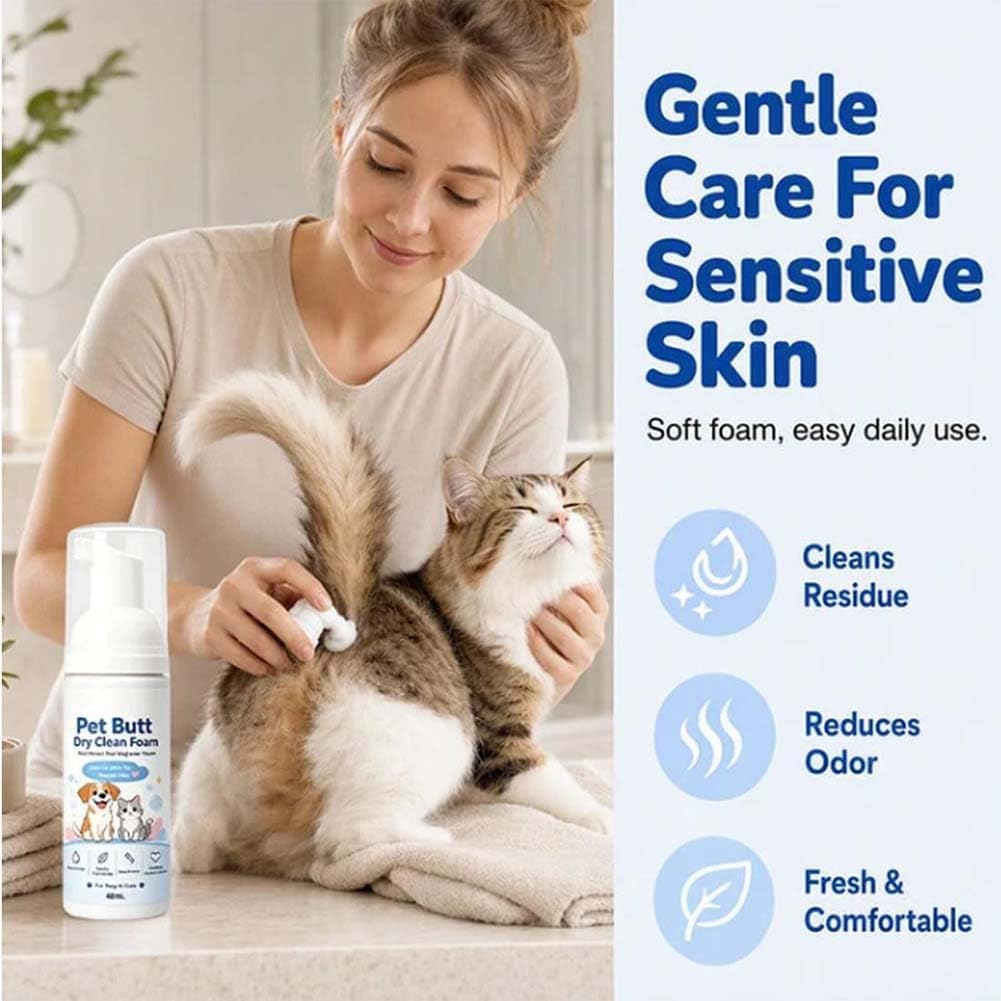 Pet Butt Dry Clean Foam for Dogs & Cats, Gentle Care & Cleansing