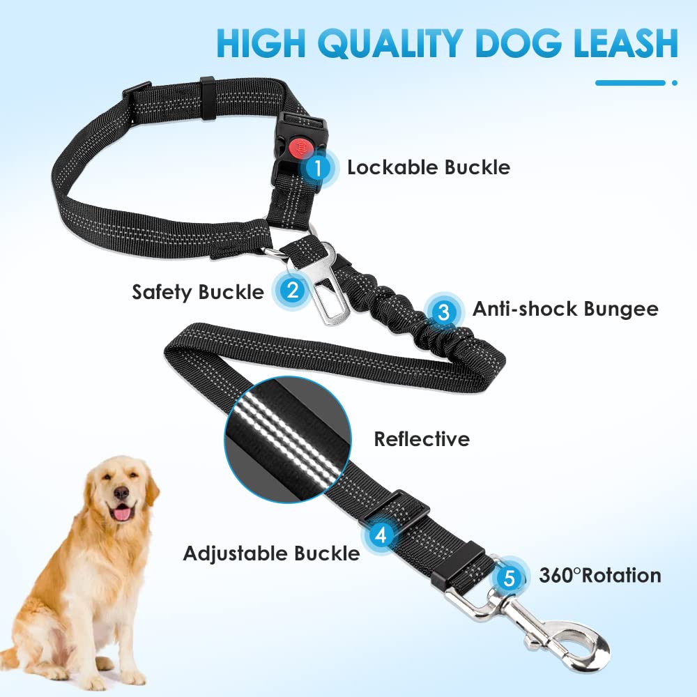 SlowTon Dog Seat Belt for Car, 2 Pack Dog Car Harness Seatbelt with Bungee