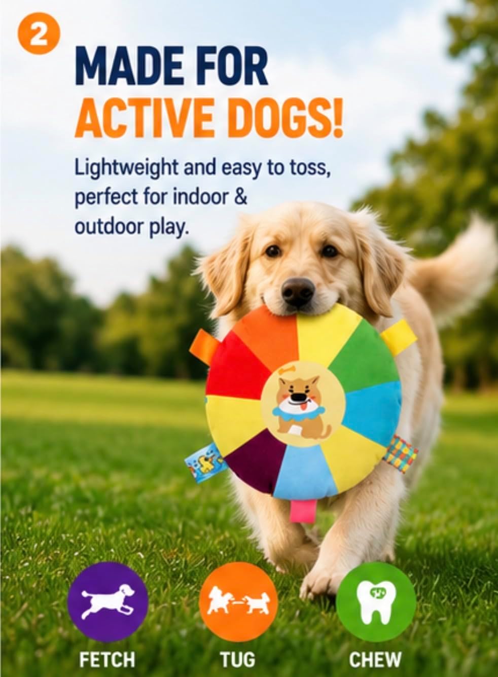 Rattle Flying Disc Dog Toy, Interactive Frisbee for Fetch, Rainbow Plush