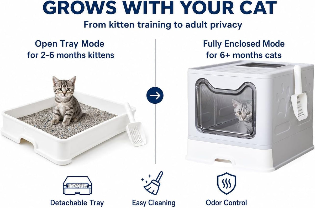 Cat Litter Box with Litter Mat and Scoop (Grey)