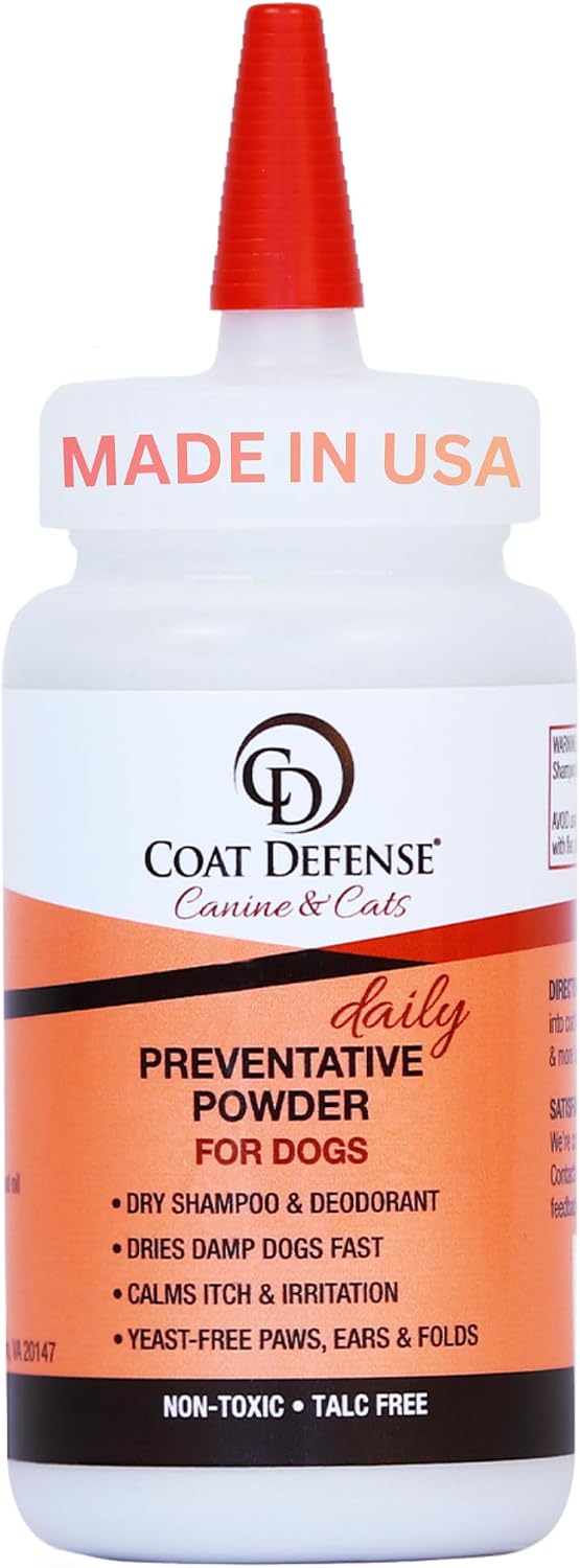 COAT DEFENSE Daily Preventative Powder | Made in USA | 3.5oz Waterless Dog Shampoo & Pet Deodorizer for Smelly Dogs | Pr