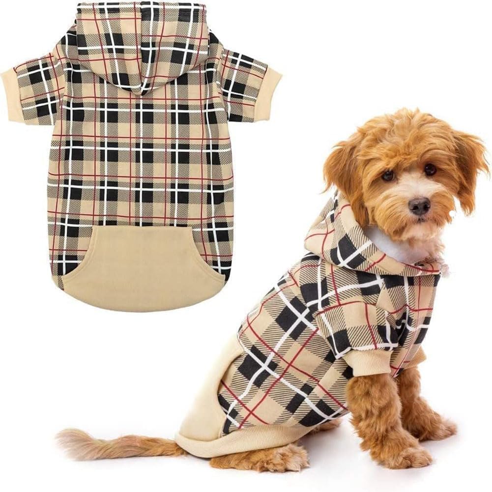 Plaid Dog Hoodie - British Style Warm Dog Sweater Shirt with Leash Hole,Pitbull Clothes Outfits,Winter Coat Apparel for 