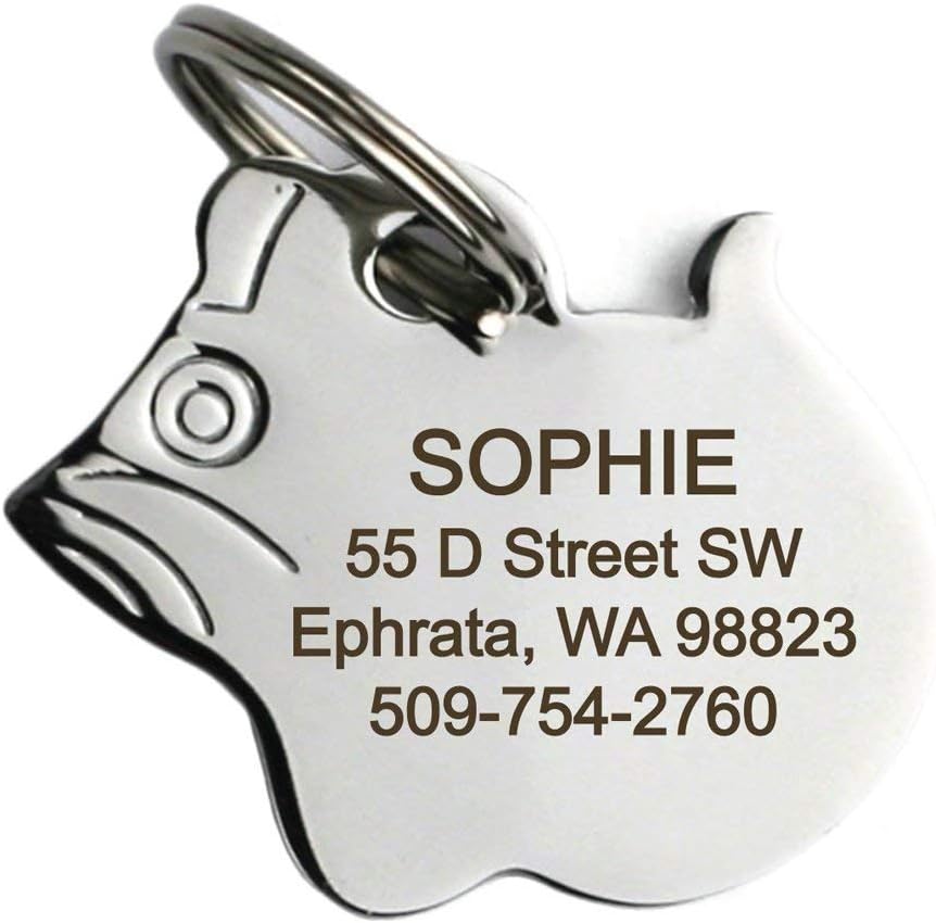 GoTags Cat ID Tag, Personalized Cat Shape Pet ID Tag in Stainless Steel, Includes up to 4 Lines of Custom Engraved Text 
