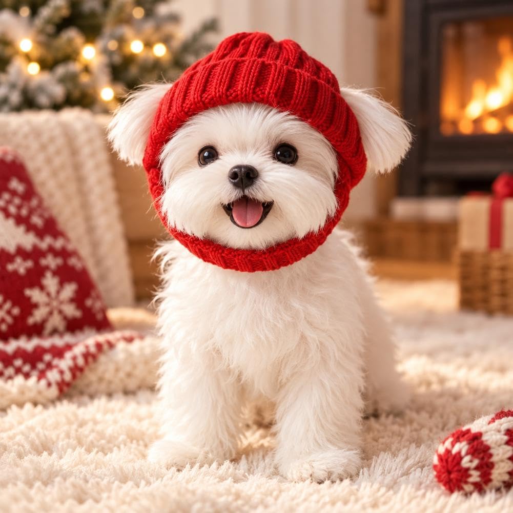 Dog Beanie Hat with Ear Holes, Winter Pet Cap for Small Dogs