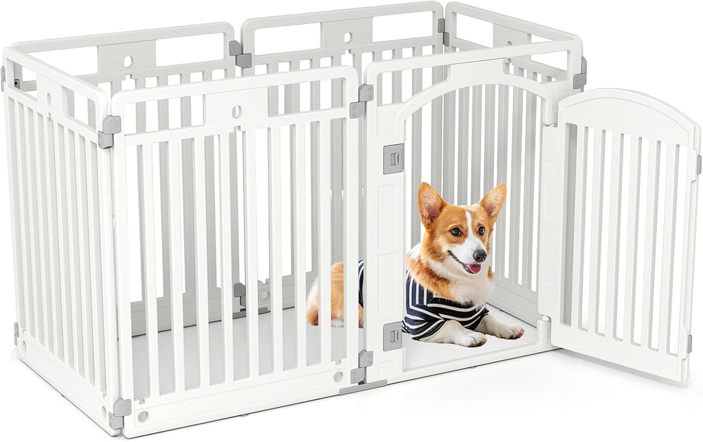 GIANTEX 12 Panel Dog Playpen, 32'' Plastic Pet Fence, Lockable Door, White