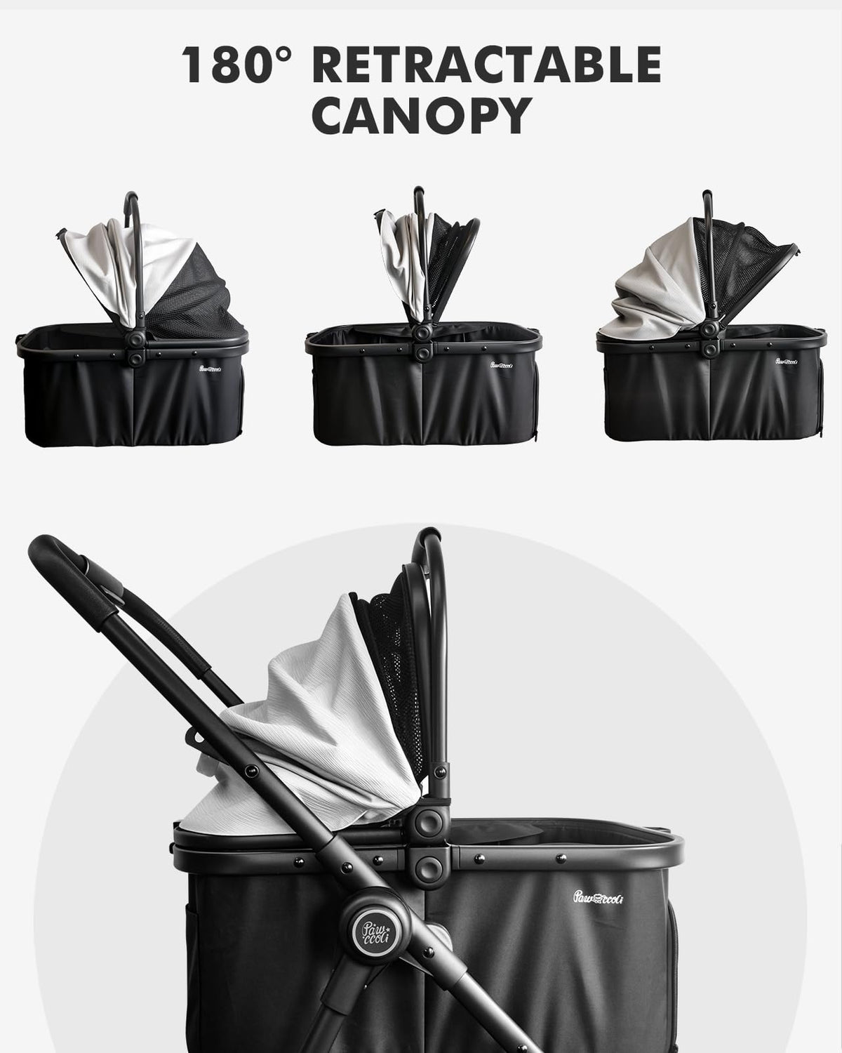 Pawccoli Pet Stroller for Small Dogs and Cats, One-Click Foldable Dog Stroller with Detachable Carrier & 3 Safety Tethers, Holds up to 33 lbs, Storage Basket & Cup Holder, Breathable Mesh, Black