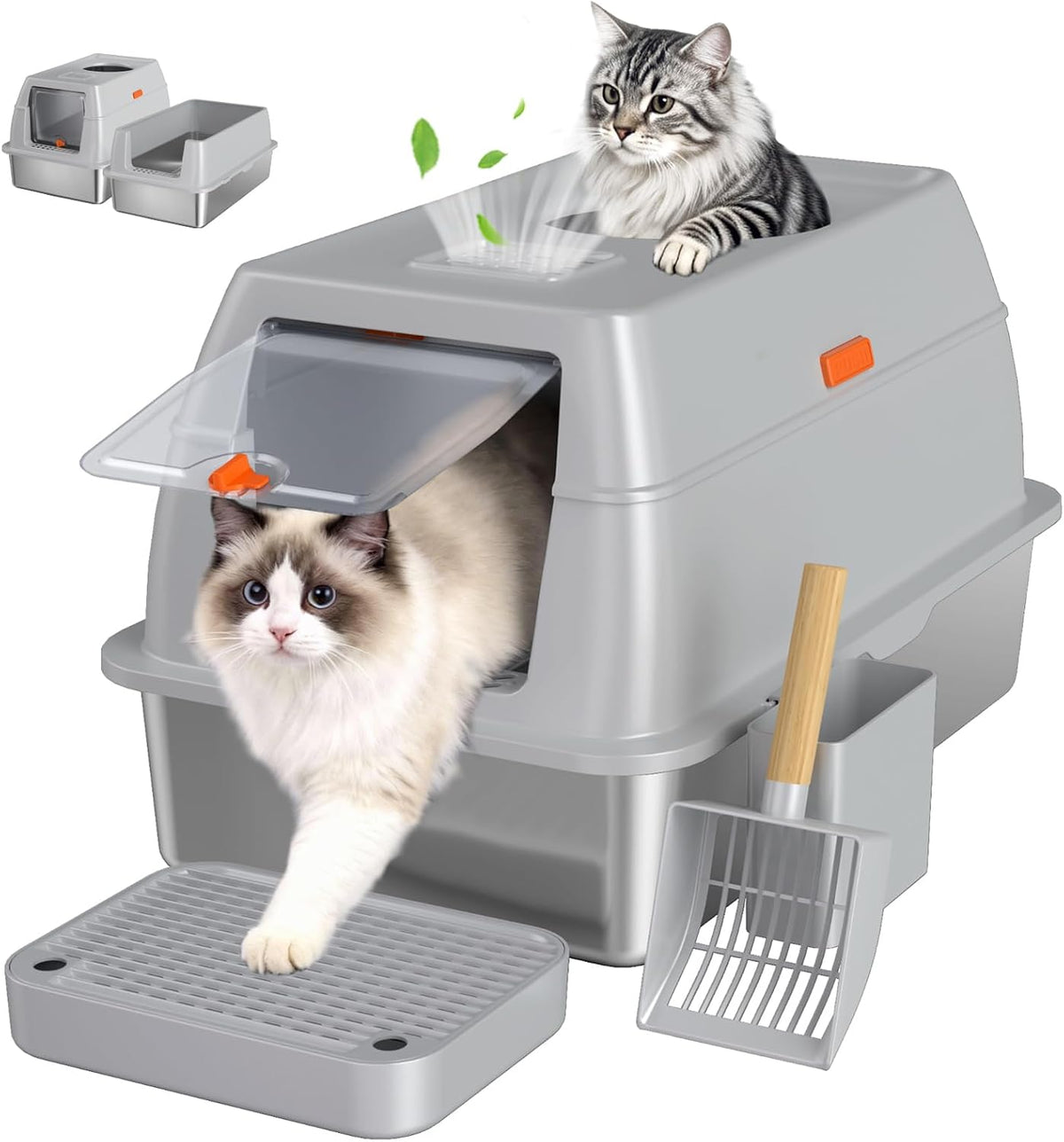XL Enclosed Stainless Steel Litter Box with Lid & Mat,Black