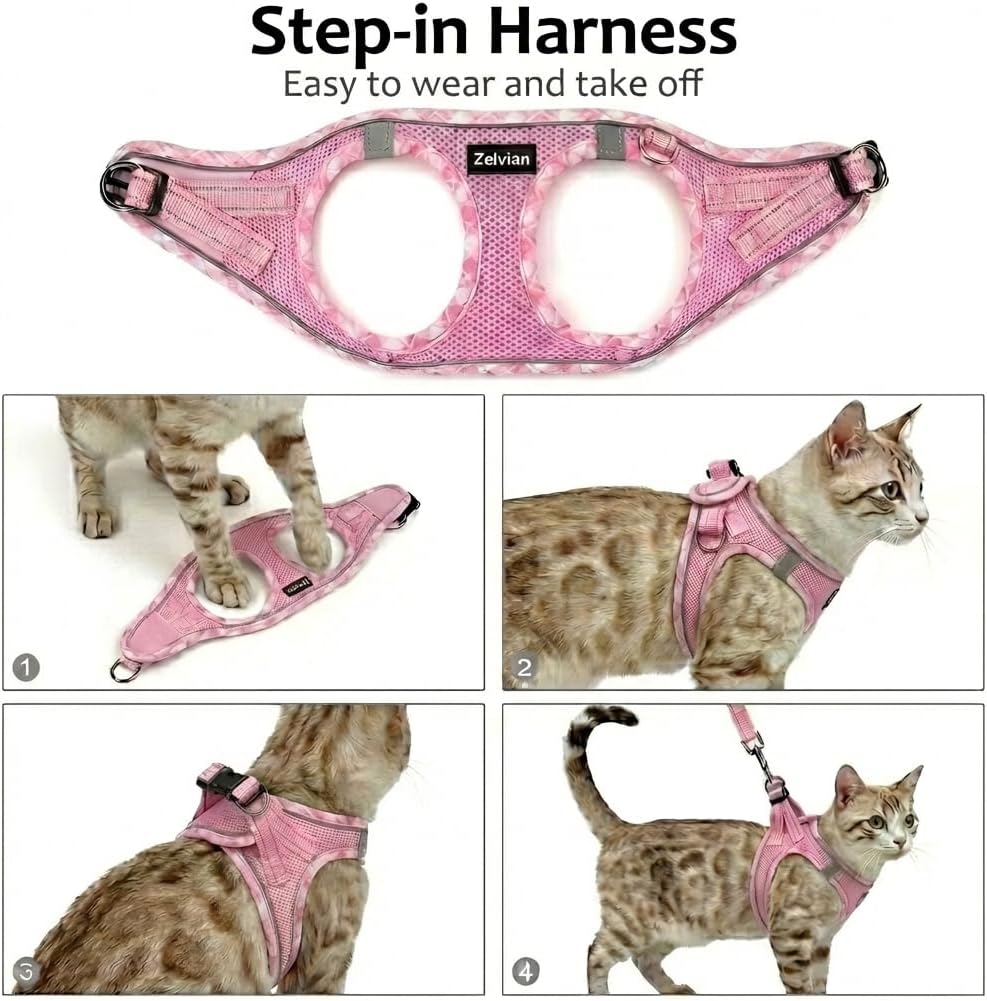 Escape Proof Cat Harness and Leash, Adjustable Vest, Pink, M