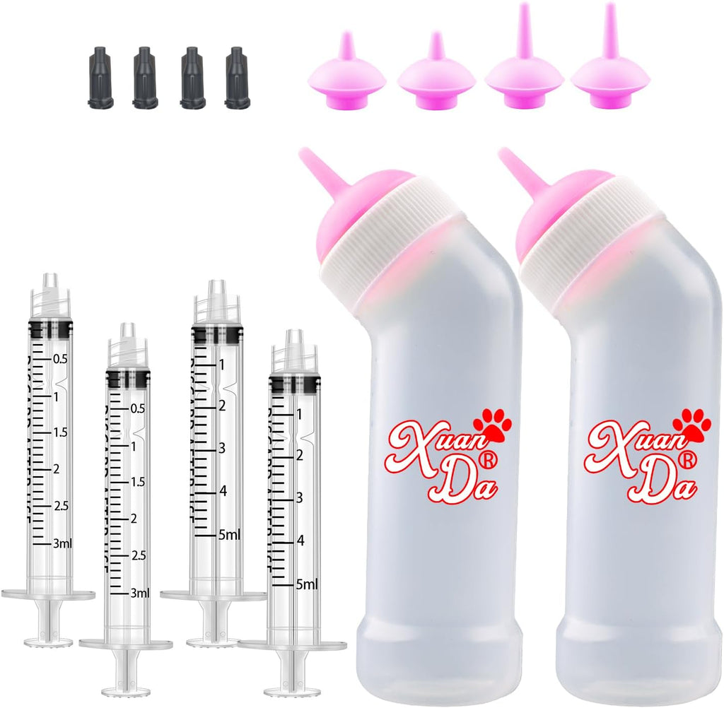 Kitten Nursing Nipple with Syringe, Wide Mouth Angled Puppy Feeding Bottles, with Ventilation Valve Resistant Tearing fo