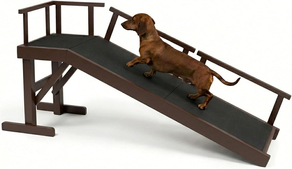 61" Dog Ramp for Bed&Couch, Non-Slip Platform with Removable Rails Walnut