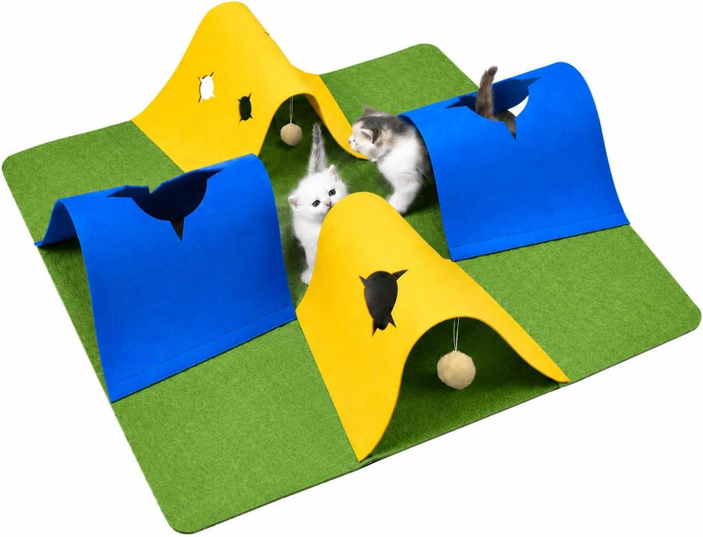 35.4" 4-Way Cat Tunnel for Indoor Cats, Colorful Felt Mat with Hidden Ball