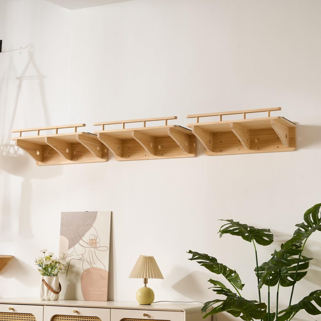 3-Pack Wall Mounted Cat Running Shelves, Parkour Course, Natural Wood