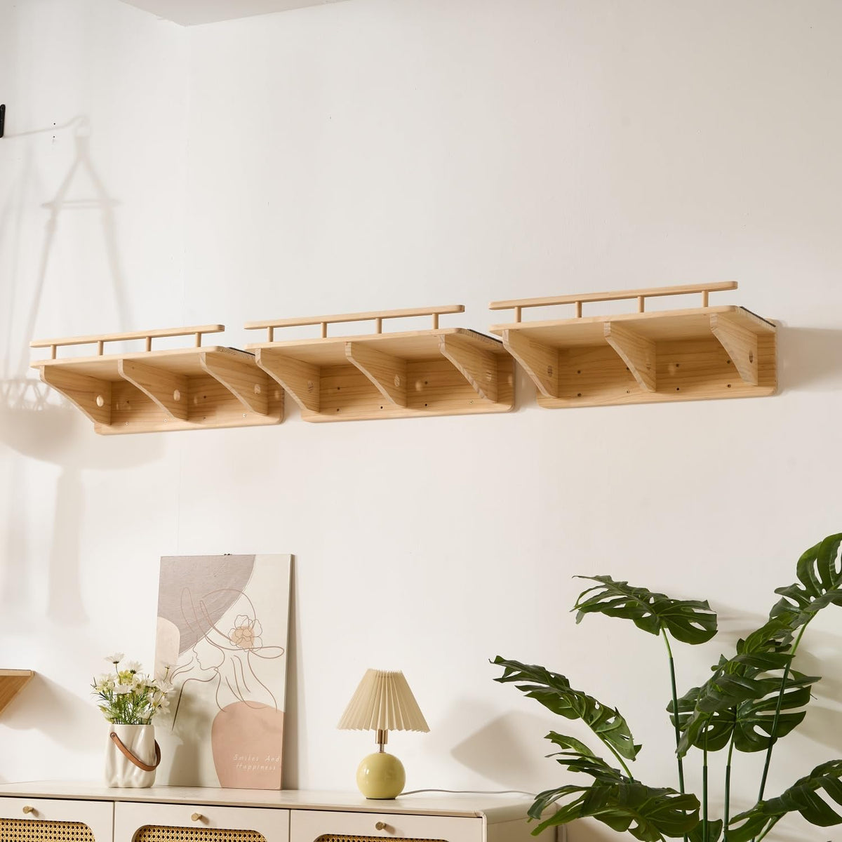 3-Pack Wall Mounted Cat Running Shelves, Parkour Course, Natural Wood