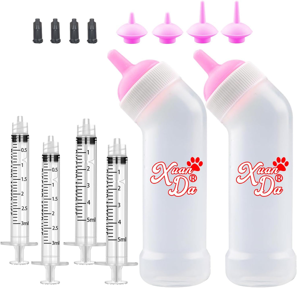 Kitten Nursing Nipple with Syringe, Wide Mouth Angled Puppy Feeding Bottles, with Ventilation Valve Resistant Tearing fo