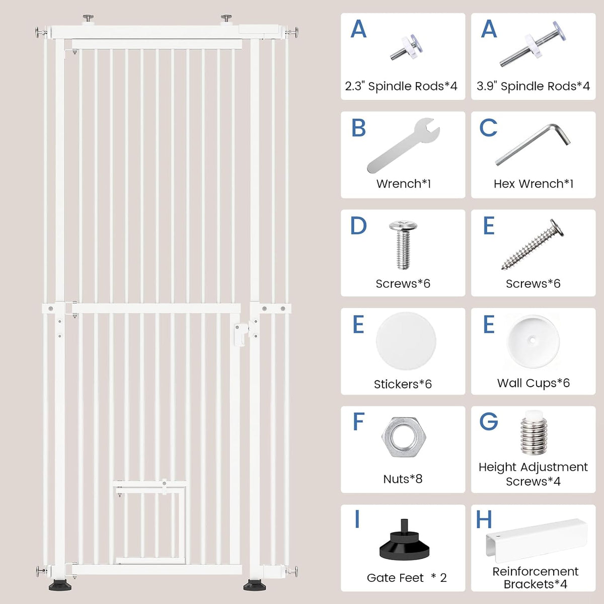 No Bottom Bar Cat Gate, 54''-87'' Height Extra Tall Cat Gate