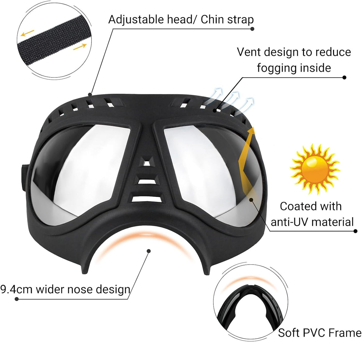 Dog Goggles for Large Dogs Eye Protection, Wide Snout & Soft Frame, UV Protection Dog Sunglasses Medium to Large Breed, 