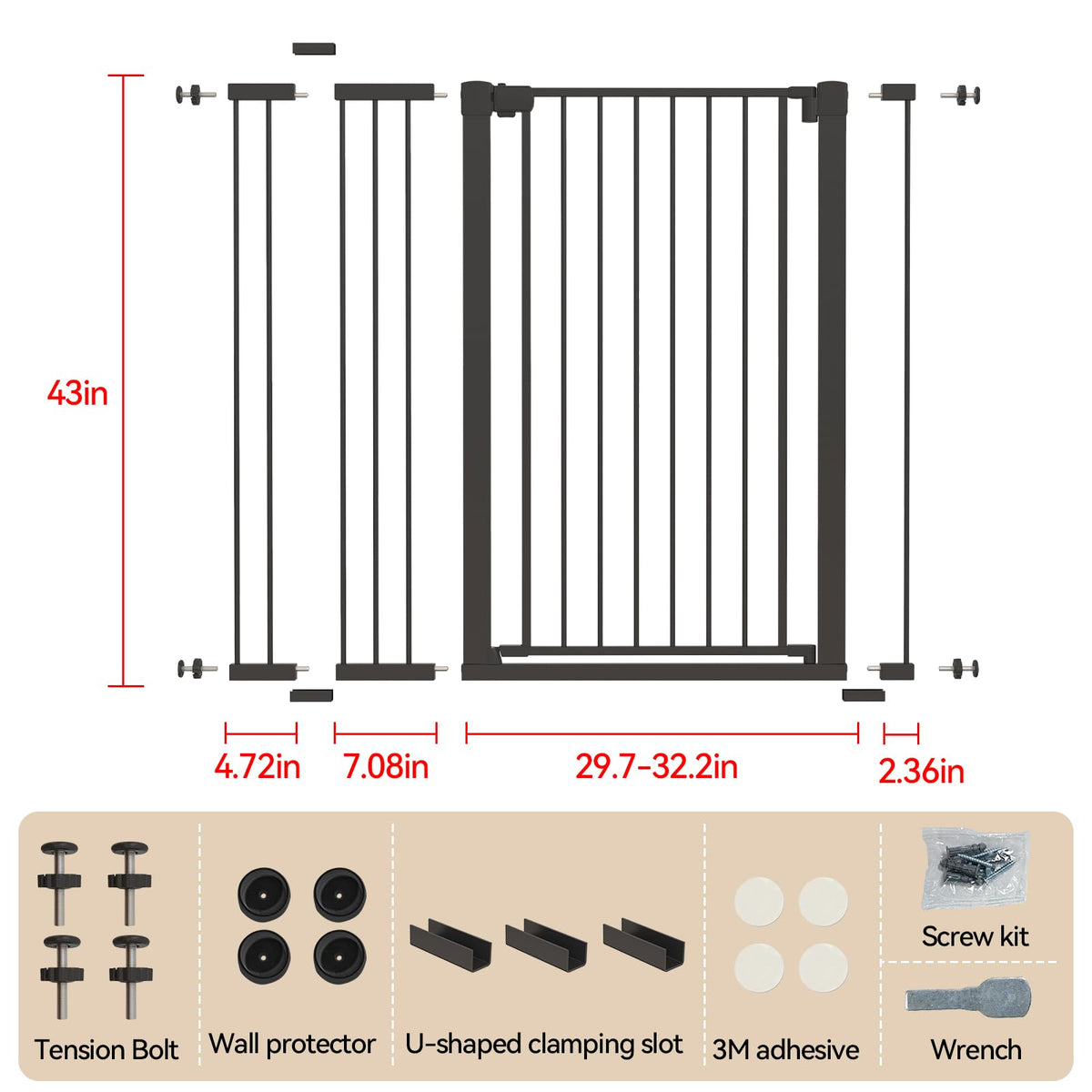 KODYRU 43 inch Tall Safety Baby Gate Adjustable 29.7-45.2inch Extra-Wide Metal Baby Gate Drill-Free Pressure-Mount Installation kit Self-Closing BabyGate for Stairwells、Doorways（Black）