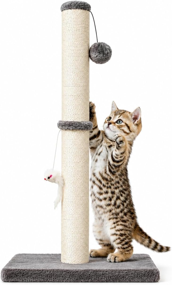 MeowHomm 32” Tall Cat Scratching Posts for Indoor Cats Adults with 2 Hanging Ball, Large Cat Scratch Post Cat Scratcher 