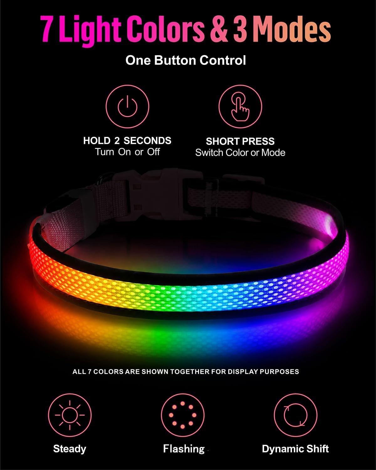Taglory Light Up Dog Collar for Night Walking, LED Rechargeable, Hot Pink M