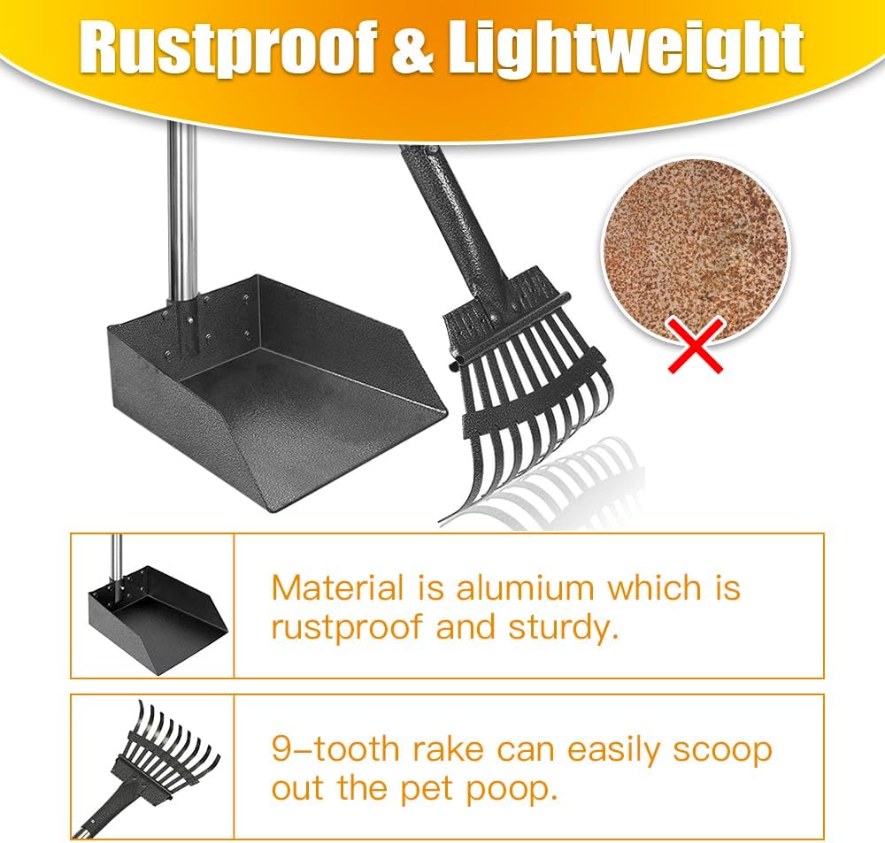 Pooper Scooper, Dog Pooper Scooper Long Handle Stainless Metal Tray and Rake for Medium Small Dogs Heavy Duty Pet Suppli