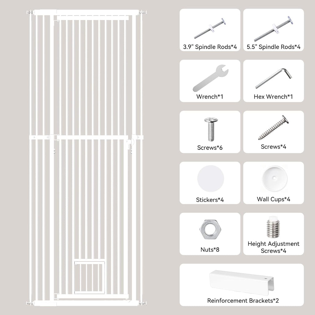 54"-87" Height Adjustable Extra Tall Cat Gate for Doorway, 27.1"-33" Wide Pet Gate with Cat Door & Extension Kits, Press