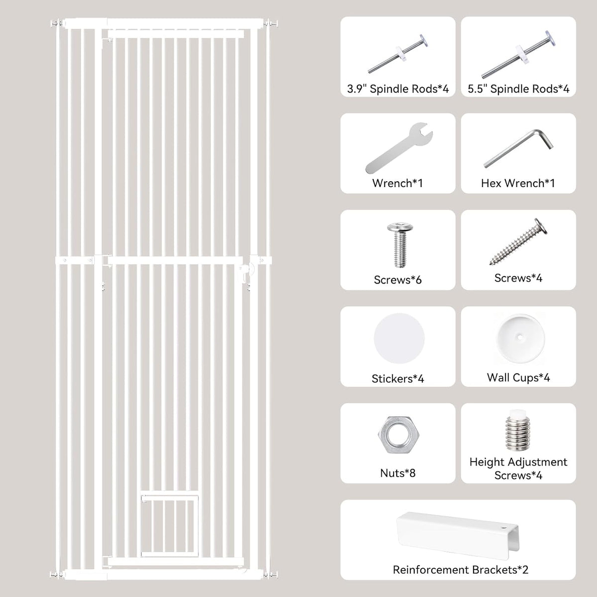 54"-87" Height Adjustable Extra Tall Cat Gate for Doorway, 27.1"-33" Wide Pet Gate with Cat Door & Extension Kits, Press