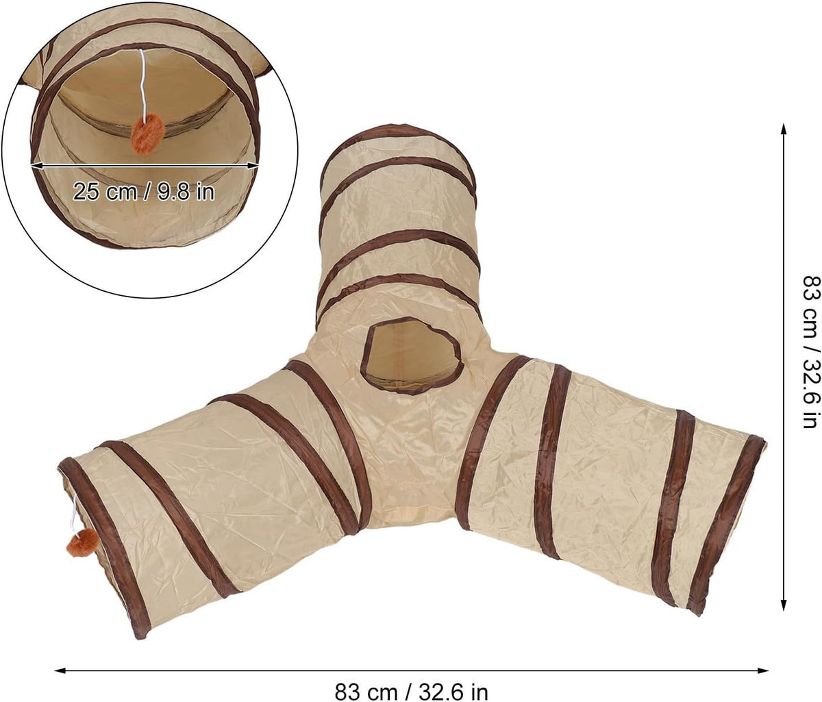 Collapsible Cat Play Tunnel Toy 3 Way 4 Hole Beige Polyester