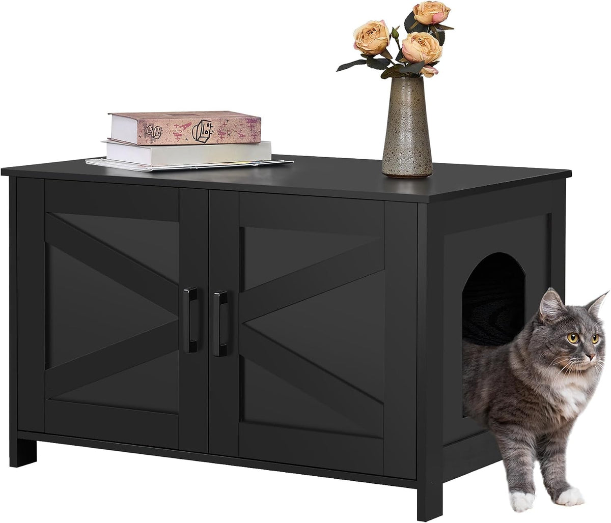 31.5"L Cat Litter Box Enclosure with Barn Door, Black
