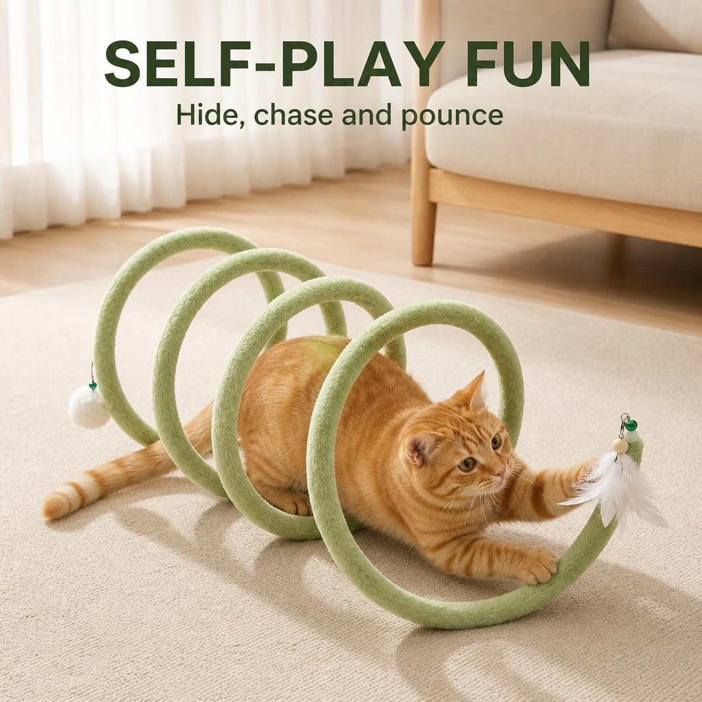 Cat Tunnel, Spiral Self-Play Soft Cat Toy for Indoor Cats, Green