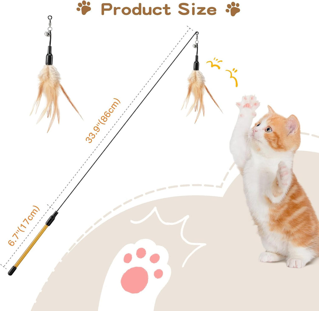 Pawaboo Cat Feather Wand Interactive Toy, 2 Feathers + 1 Wand with Bell