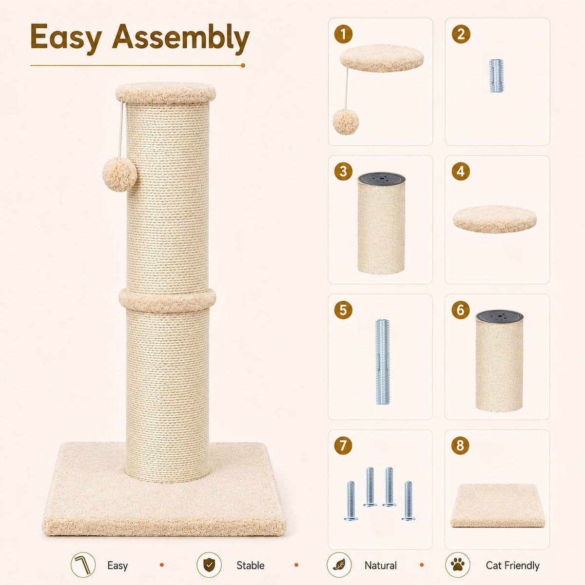 PAWSCRAT 32-Inch Tall Cat Scratching Post, 5.5-Inch Diameter, Sisal, Beige
