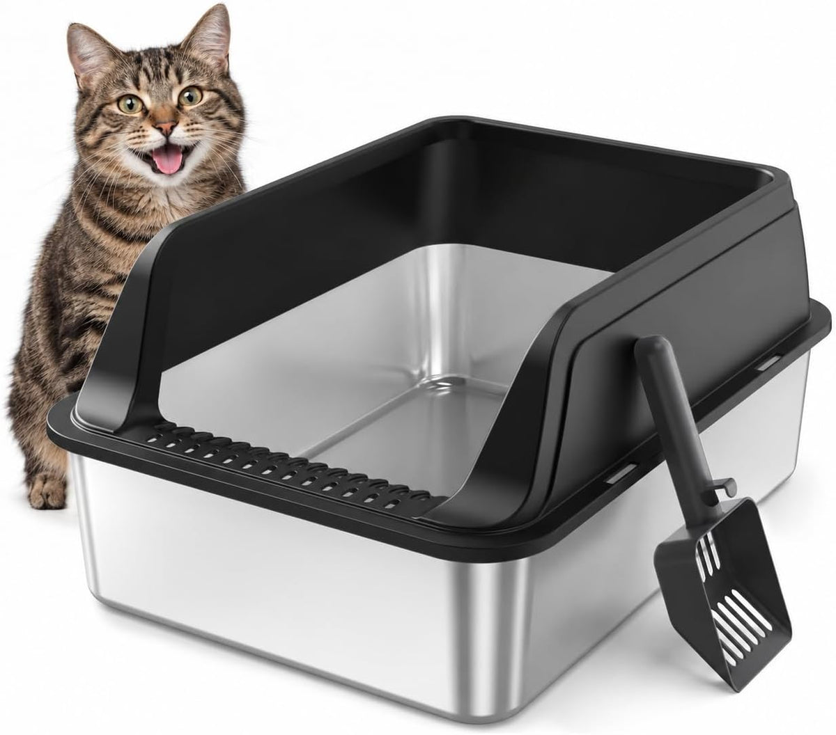 FURTIME Stainless Steel Litter Box with Lid, High Sided Metal Litter Box