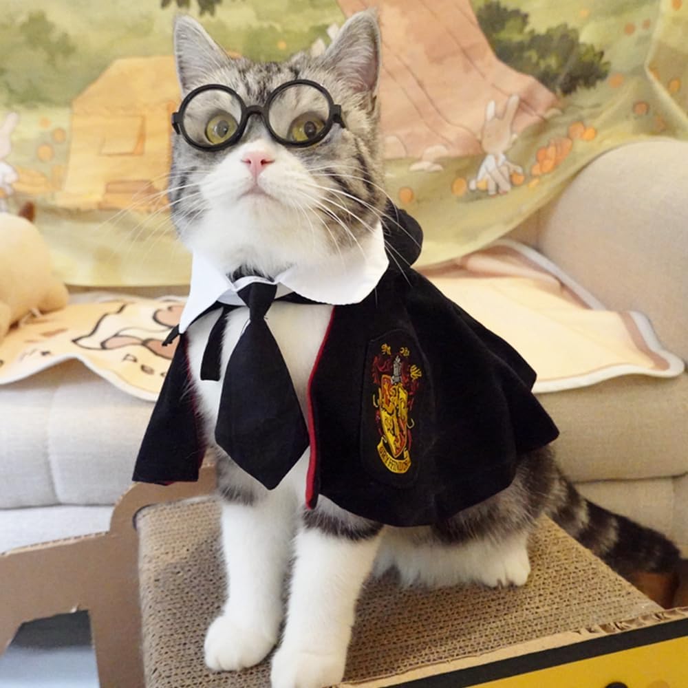 ANIAC 3PCS Halloween Dog Costume Cat Wizard Cape Glasses and Necktie Set Halloween Puppy Outfit Pet Academy Magician Cos