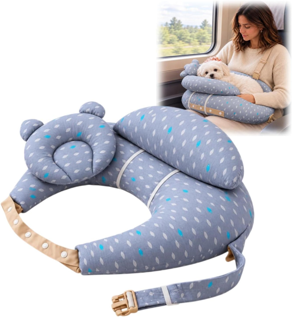 Soft Pet Travel Lap Pillow, U-Shaped Dog Car Seat Bed with Cute Bear Headrest, Portable Puppy Carrier Cushion for Train 