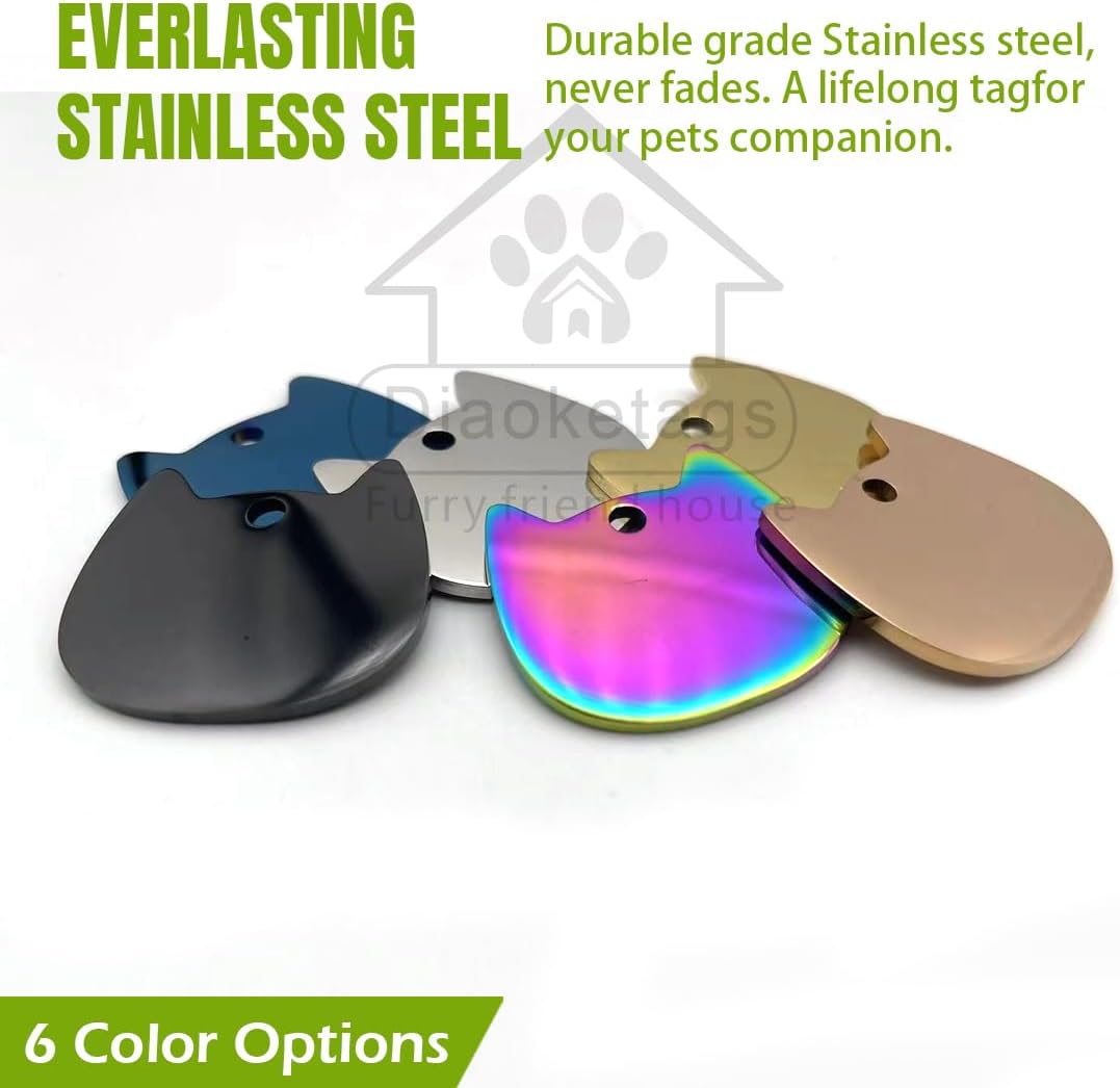Personalized Cat Head ID Tag, Stainless Steel Engraved Pet Name Tag