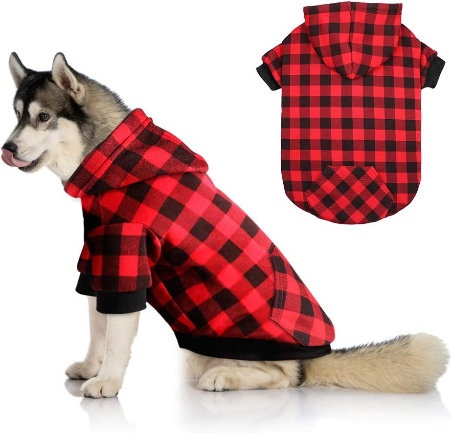 Red Plaid Dog Hoodie Sweater for Dogs Pet Clothes with Hat and Pocket（XL）
