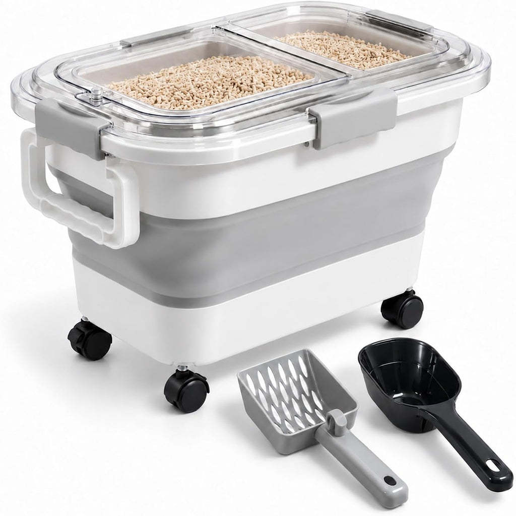 Collapsible Cat Litter Storage Container 30 Lbs with Rolling Casters,Pethiy