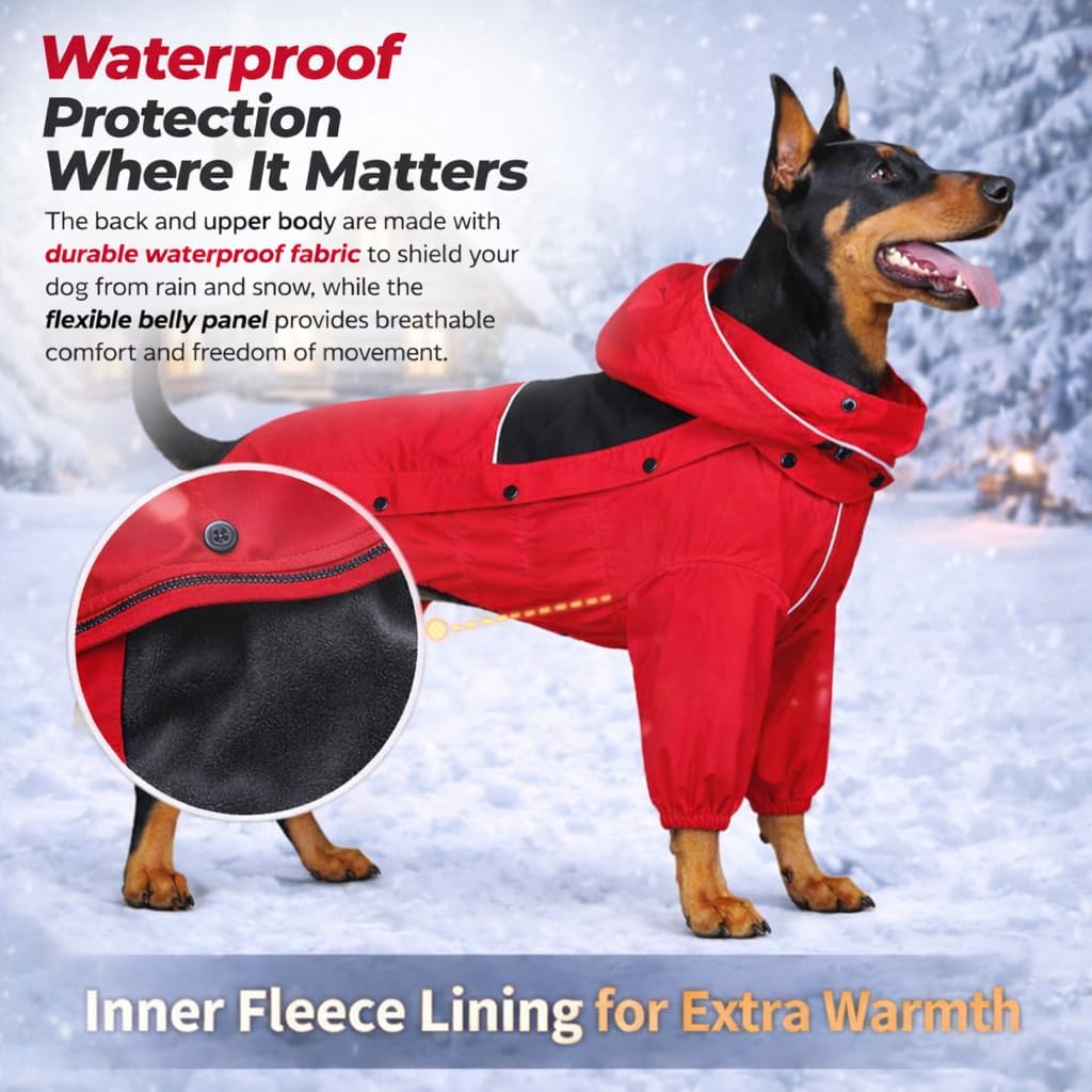 LOVELONGLONG Fleece-Lined Dog Raincoat with Removable Hood – Waterproof Winter Full Body Dog Jacket – Windproof Snowproo