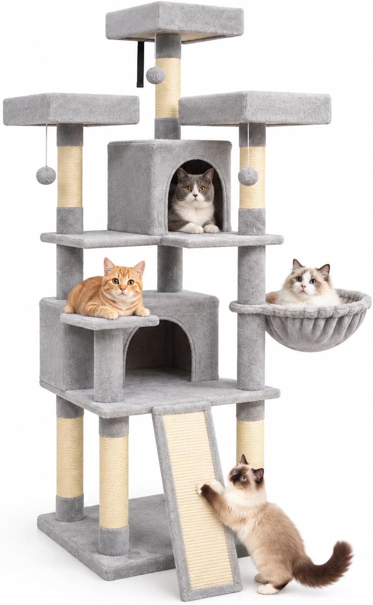 66" Tall Cat Tree Tower with Scratch Board, 3 Perches, Beige