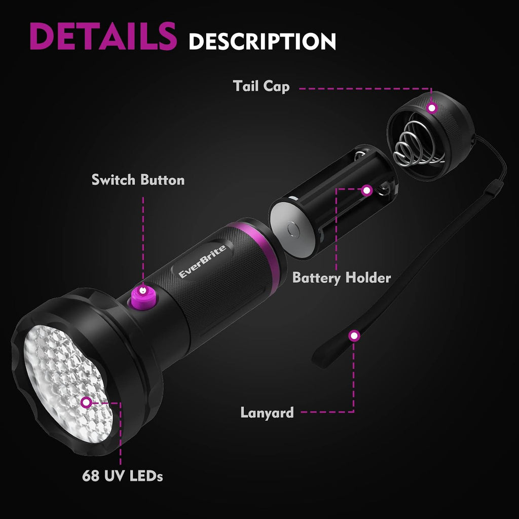 EverBrite 68 LED UV Blacklight Flashlight, 395nm for Pet Urine
