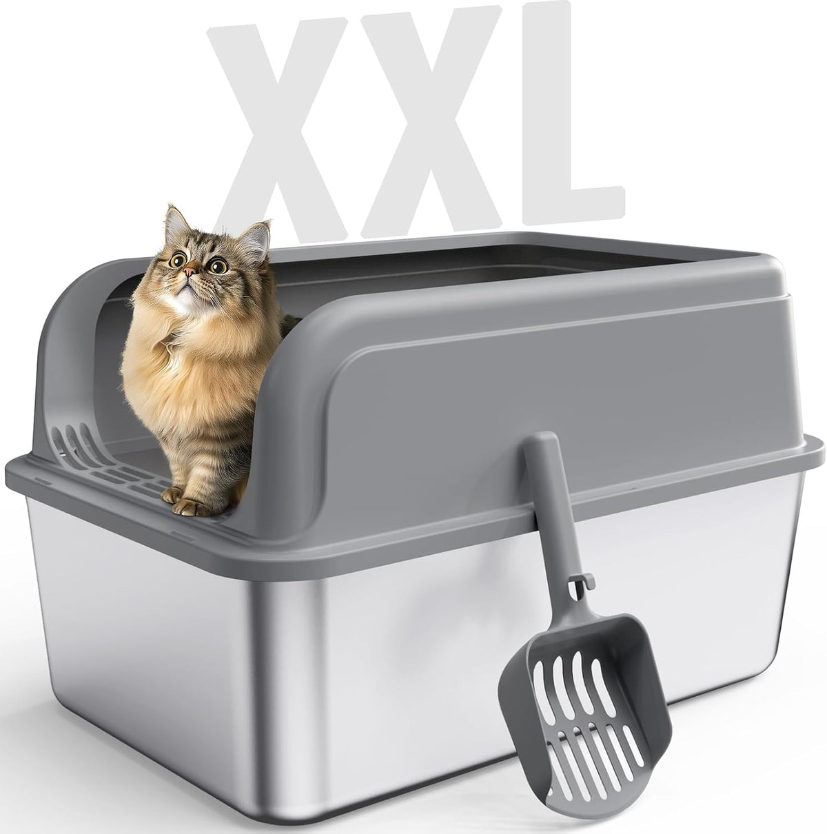 Powools Stainless Steel Cat Litter Box, High-Sided, Grey, M (1 Pack)