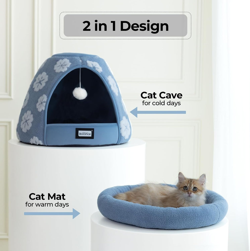 BALANCE Cat Beds for Indoor Cats, 2-in-1 Cat Bed Cave with Anti-Slip Bottom and Ultra-Soft Plush, Cozy Cats House Tent f