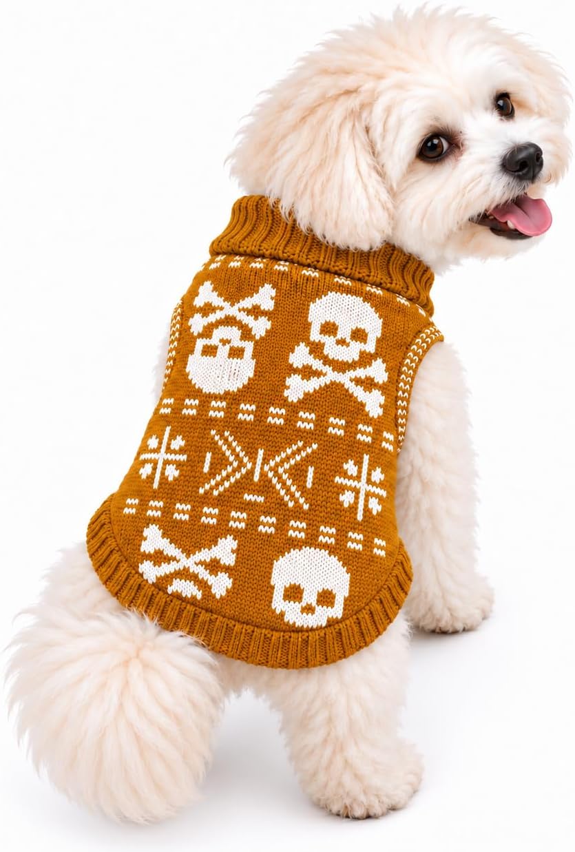 Halloween Dog Sweater for Small Dogs,Knit Skull Turtleneck Pullover, Warm Cute Puppy Costume for Party Photos,Fits Chihu