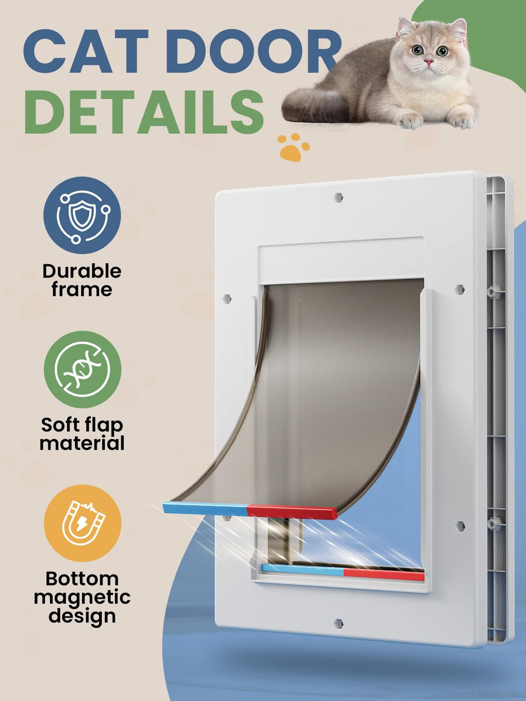 PETCOMING Cat Door with Soft Magnetic Flap, Pets Up to 20 lb, White
