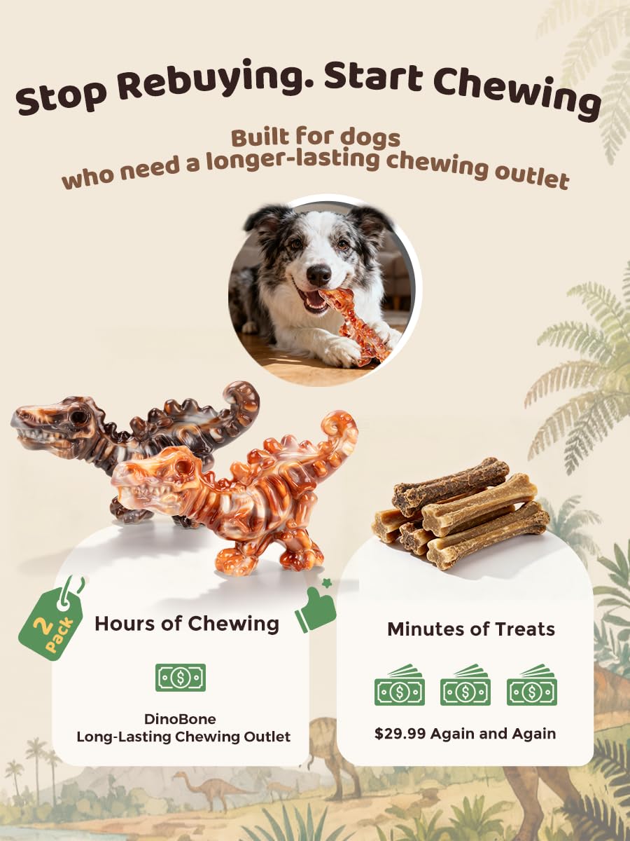 DinoBone 2-Pack Tough Dog Chew Toys for Aggressive Chewers, Rock-Hard Nylon