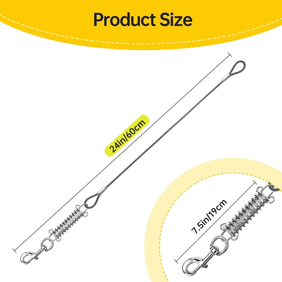 Chew Proof Steel Cable Standard Dog Leash with Spring, Black, 24IN/60CM